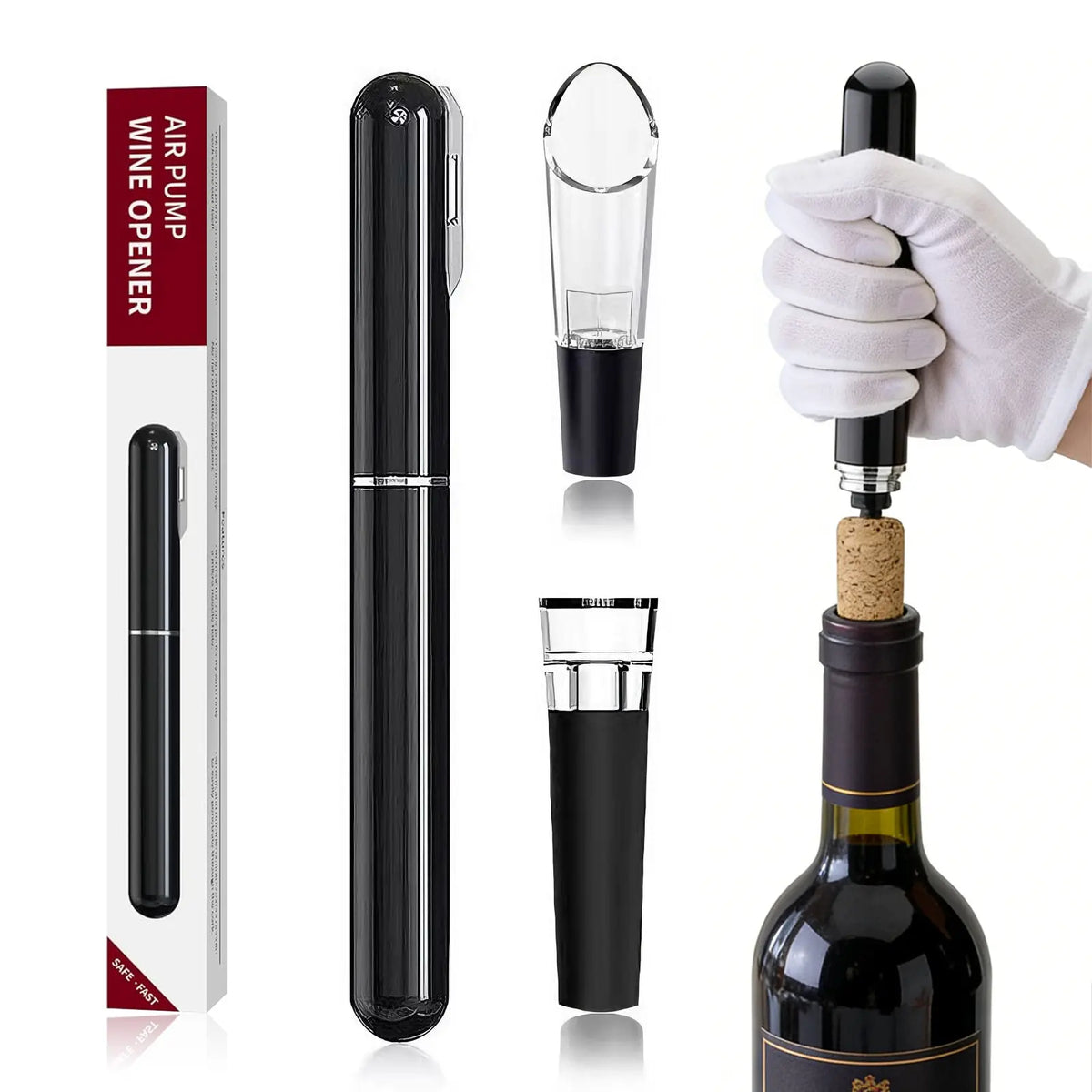 Air Pump Wine Opener Set: includes foil cutter, drip-proof pourer and vacuum wine stopper