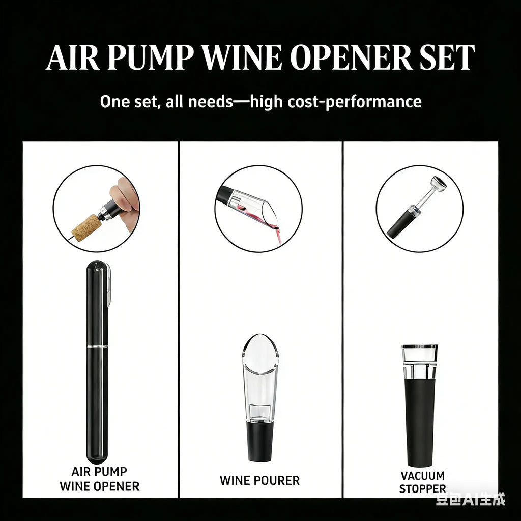 Air Pump Wine Opener Set: includes foil cutter, drip-proof pourer and vacuum wine stopper