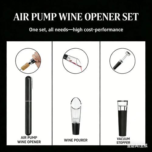Air Pump Wine Opener Set: includes foil cutter, drip-proof pourer and vacuum wine stopper