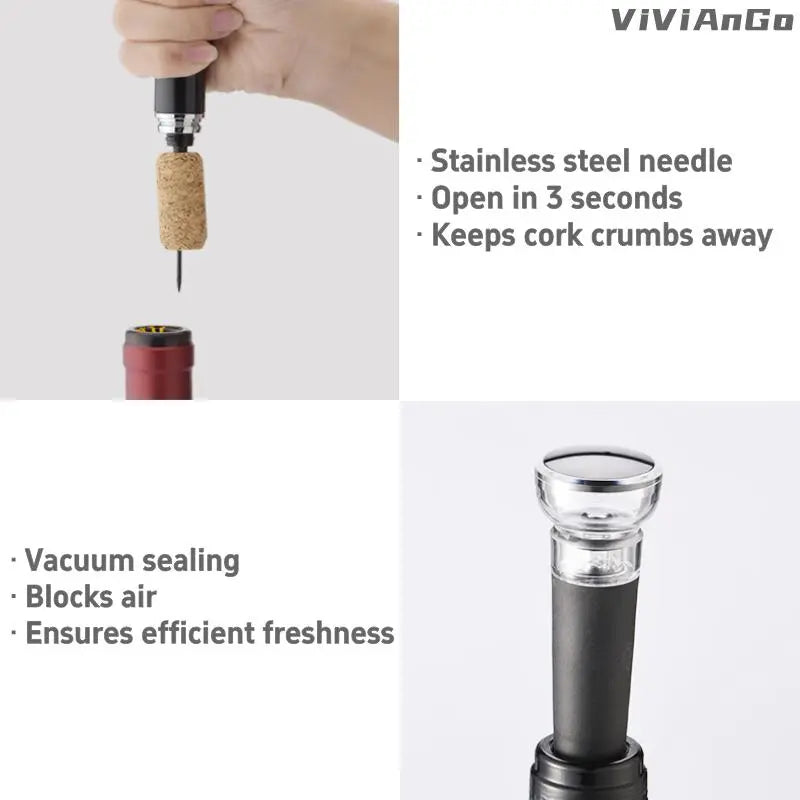 Air Pump Wine Opener Set: includes foil cutter, drip-proof pourer and vacuum wine stopper