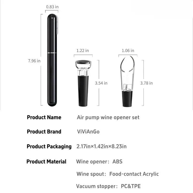 Air Pump Wine Opener Set: includes foil cutter, drip-proof pourer and vacuum wine stopper