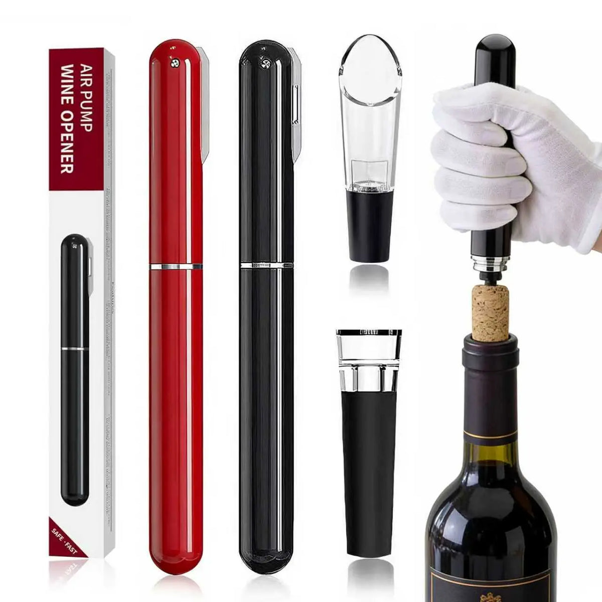 Air Pump Wine Opener Set: includes foil cutter, drip-proof pourer and vacuum wine stopper