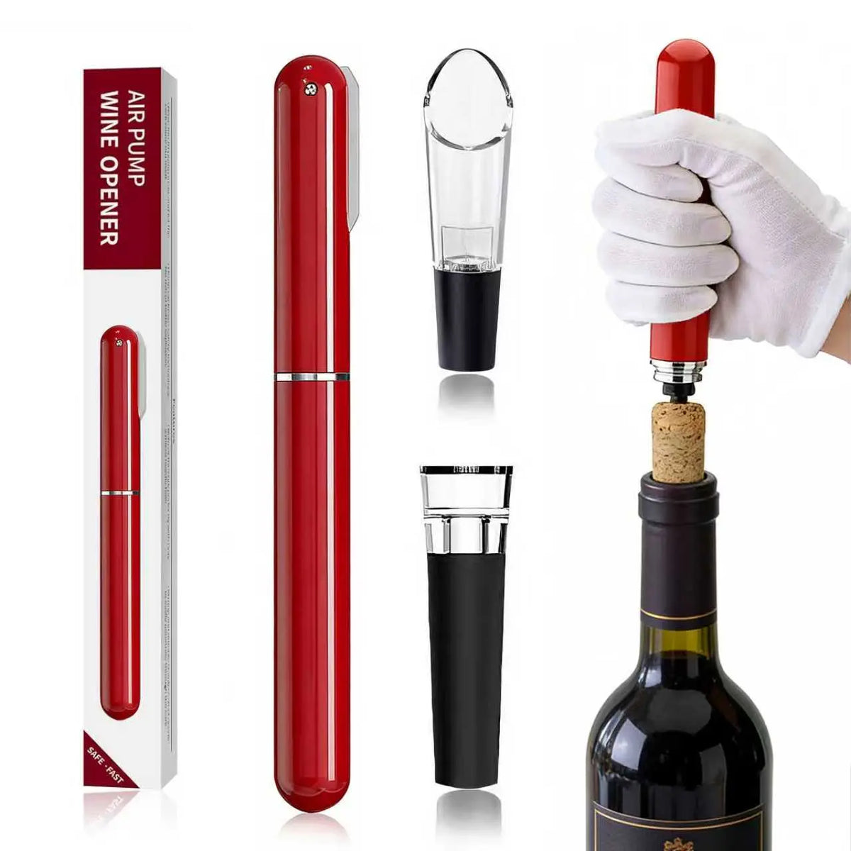 Air Pump Wine Opener Set: includes foil cutter, drip-proof pourer and vacuum wine stopper